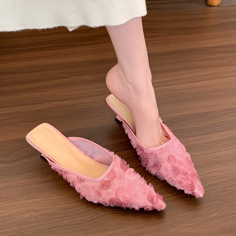 Aphixta Low Heels Spitze Blume Frau Rutschen Rosa Süße Spitz Sommer Hausschuhe Außerhalb Rutschen Mode Blau Rosa Heels Schuhe