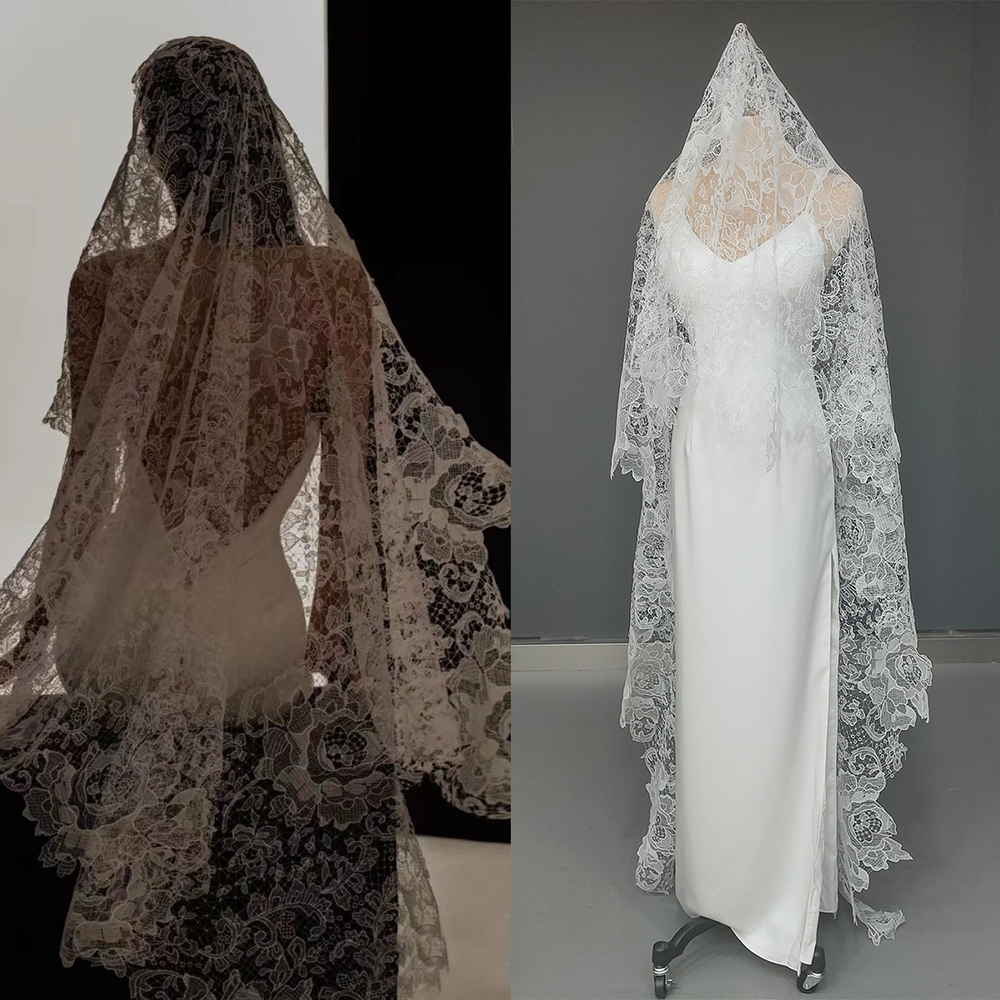 1.75 Meter Cut Out Floral Chantilly Lace Wedding Bride Blusher Romantic Customized Scalloped Floor Length Bridal Mantilla Veil
