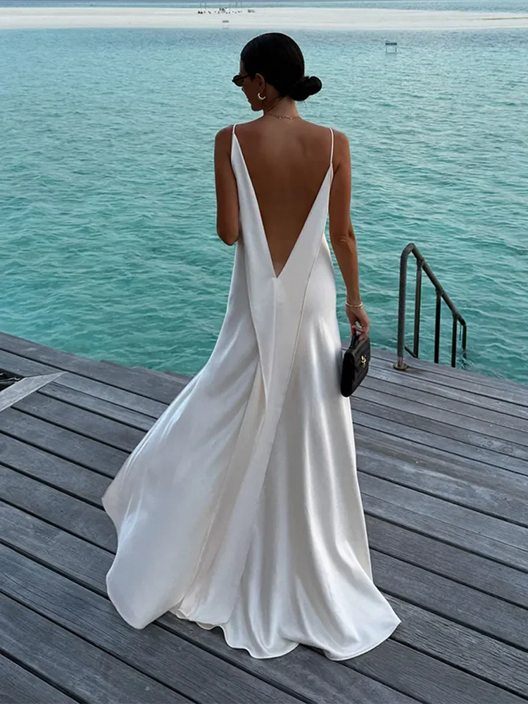 Vestido Largo Elegante de Satén con Cuello en V para Mujer, Sin Mangas, Espalda Descubierta, Abertura Alta, Vestidos Maxi para Vacaciones en la Playa, Nuevos Vestidos de Dama 2026
