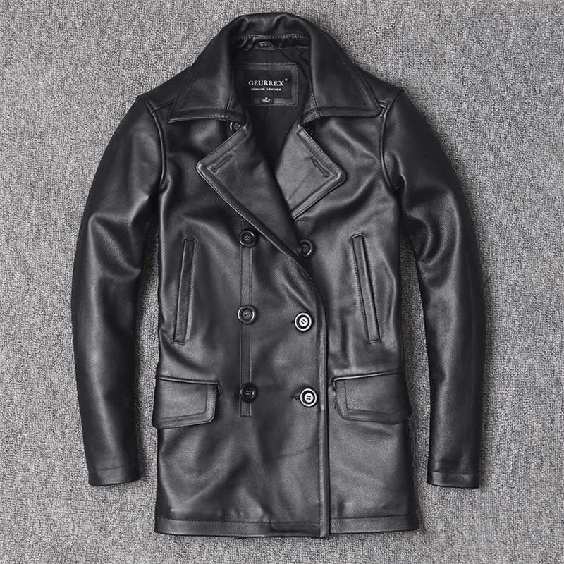Echte Lederjacke Herren Oberschicht Rindslederjacke Mittellang Herren Revers Windjacke Slim-Fit Jacke Zweireihig