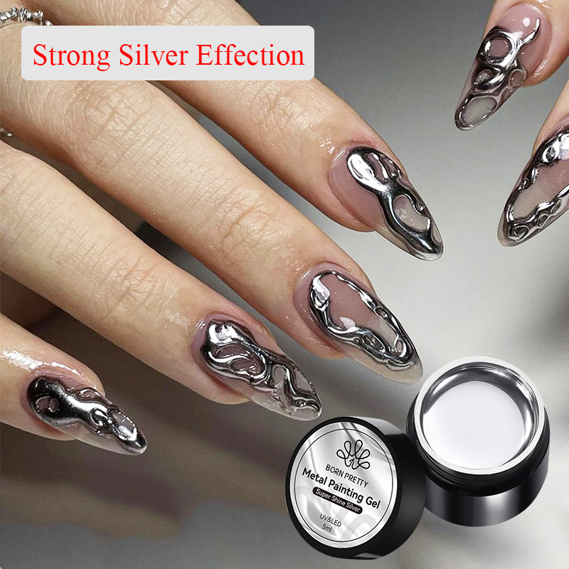BORN PRETTY 5ml โลหะจิตรกรรมเจล Strong Silver Effection Nail Art Soak Off เจลเล็บ Silver Mirror เจล