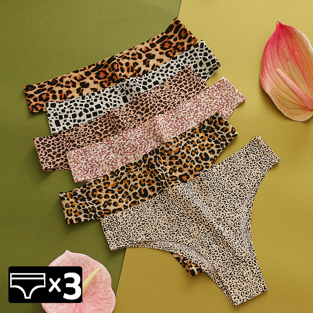 WarmSteps 3 pièces/ensemble tongs léopard Sexy culottes pour femmes tongs 2024 nouveaux sous-vêtements féminins sans couture culottes imprimées slips en soie glacée