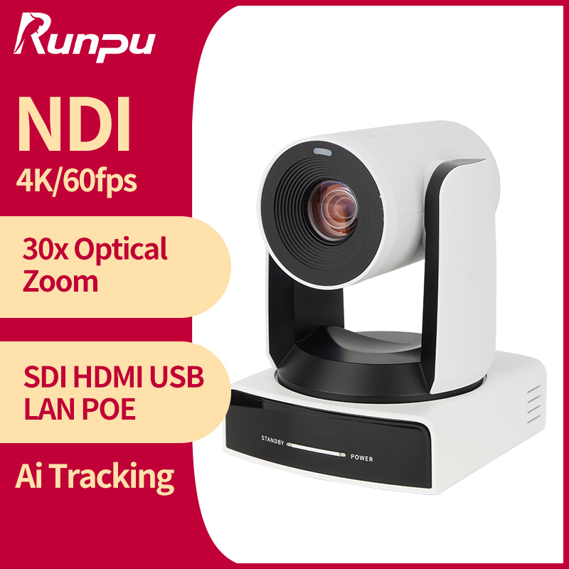 กล้อง Runpu 4K NDI 60FPS ซูมออปติคอล 30 เท่า ระบบติดตามอัตโนมัติด้วย AI กล้อง PTZ สำหรับการประชุม พร้อม PoE HDMI SDI USB สำหรับการถ่ายทอดสด OBS