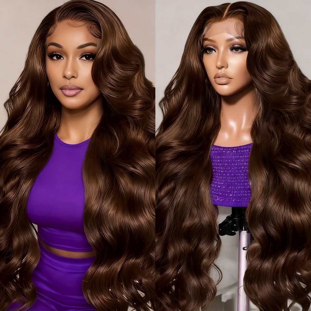 Pelucas de cabello humano con ondas corporales color chocolate, densidad 200, para mujeres negras # 4 Pelucas Frontales de Encaje Completo HD de Color Marrón 13x4 13x6 de 46 Pulgadas