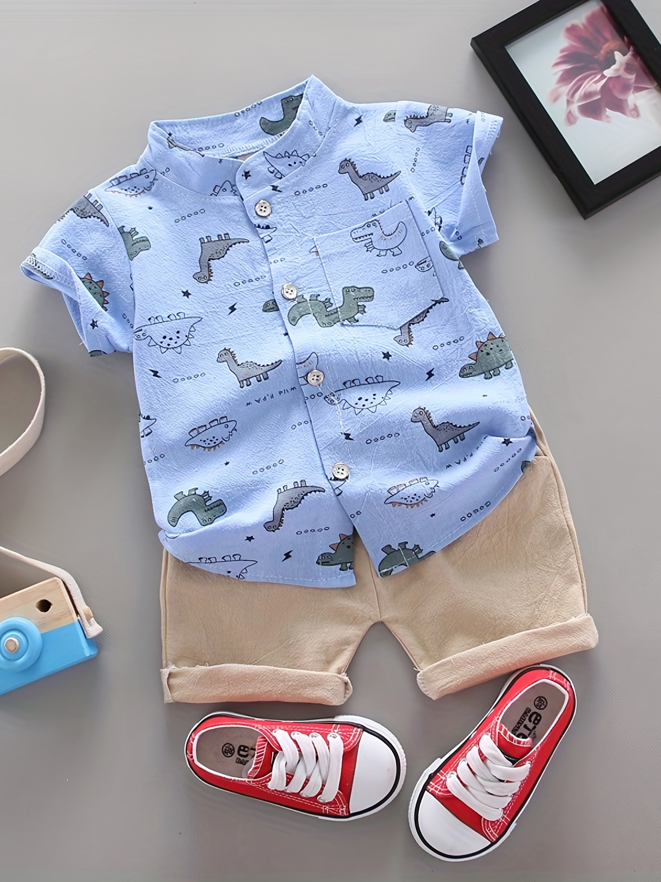Ensemble chemise et short à manches courtes pour bébés et tout-petits, imprimé dinosaure, col montant, tendance, pour l'extérieur