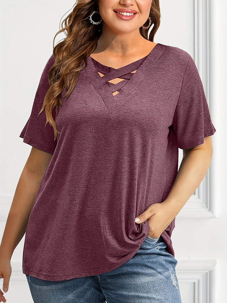 Camiseta de talla grande para mujer, Tops básicos suaves informales de manga corta con recortes lisos, camisetas Vintage elegantes 2025 para mujer
