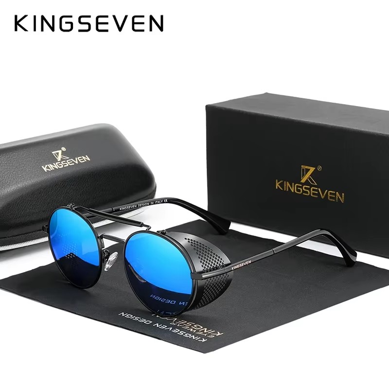 KINGSEVEN kacamata hitam Gothic Steampunk pria, lensa mata bingkai logam bulat Vintage terpolarisasi klasik untuk lelaki