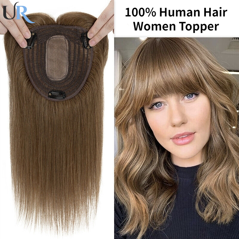 女性用フリンジ付き天然ストレートヘアトッパー,ヘアピース100% 人間,ブロンド,シルクベース,35cm