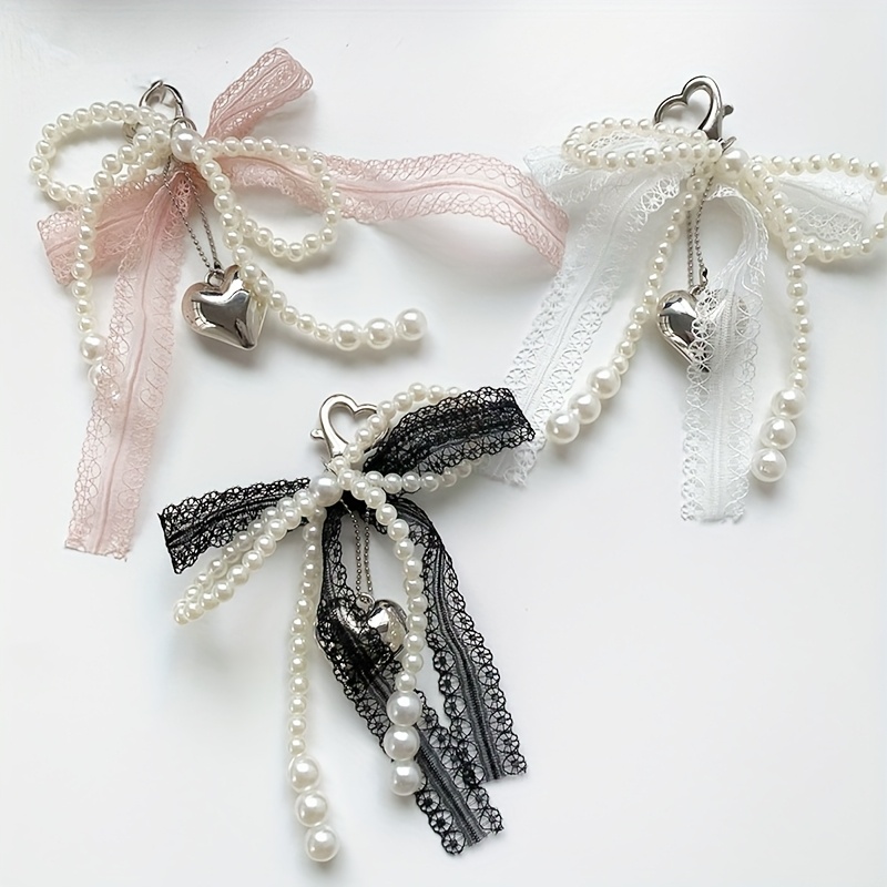 Llavero de encaje con lazo de perlas, Llavero de lazo de perlas para mujer, Llavero colgante para bolso, Llavero colgante para mochila, Colgante para bolso en forma de corazón, Llavero de cuentas, Colgante de lazo, Adornos para llaveros para regalos, Cart