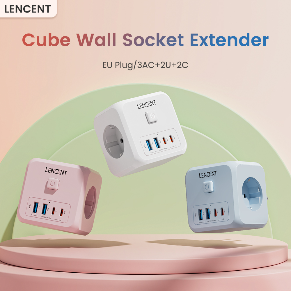 LENCENT EU Plug Cube Wall Socket Extender with 3AC+2USB+2Type C 5V/3A Adapter 7-in-1 Socket On/Off Switch