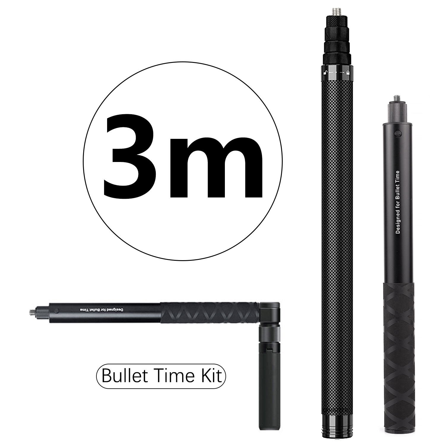 1.2m 3m Carbon Fiber Invisible Selfie Stick Bullet Time Rotating Handle Tripod for GoPro Max2 Insta360 X5 X4 DJI Osmo 360 Camera