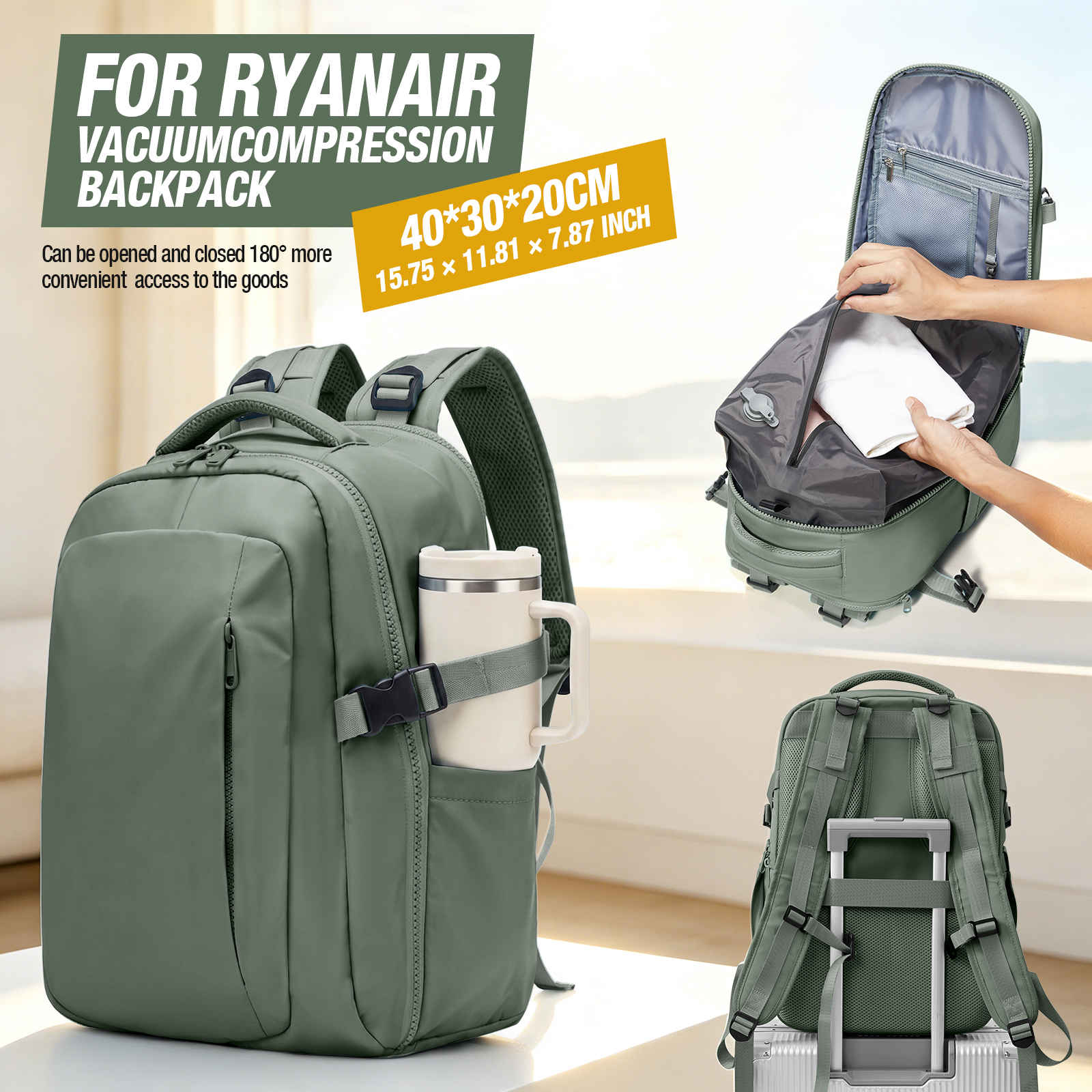 Mochila de Viaje con Sistema de Vacío para Equipaje de Mano 40x30x20, Compatible con Ryanair, Wizzair y Easyjet, Mochila de Cabina para Avión, Bolsa para Portátil