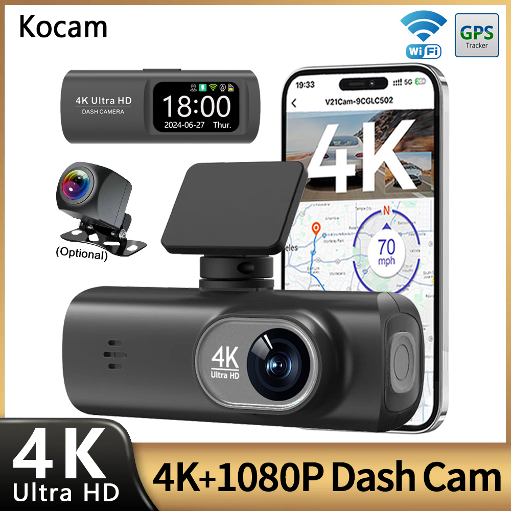 Uhd 4k wifi traço cam lente dupla gravador de condução carro dvr opcional 1080p lente traseira câmera gps 24h monitoramento estacionamento caixa preta