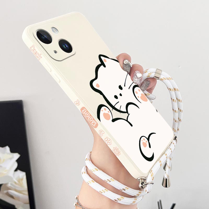 Силиконовый чехол для телефона с ремешком через плечо White Cloud Cat для iPhone 15 14 13 12 11 Pro Max 14 15 Plus Mini X XR XS 8 7 6 6S Cover