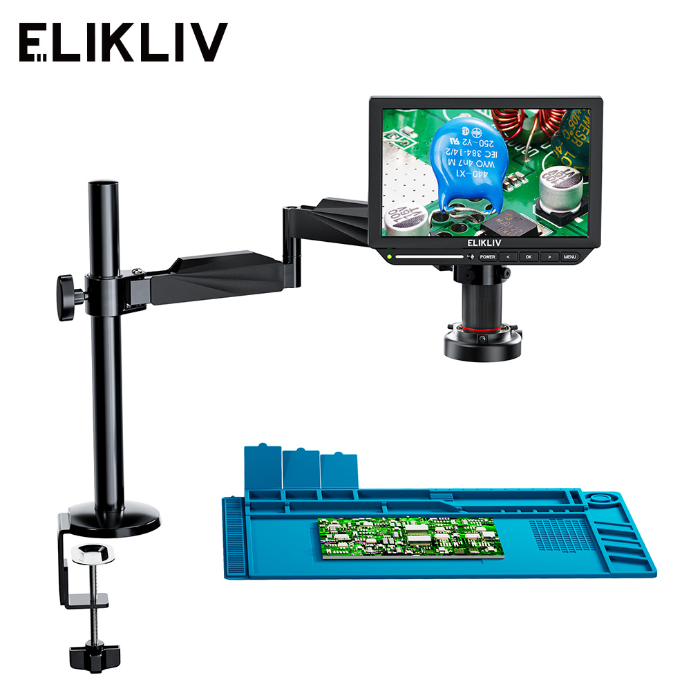 Elikliv EM4K Flex 4K Microscope à souder numérique 2000X 10.1 "Microscope HDMI pour l'électronique avec bras de flèche anneau lumineux