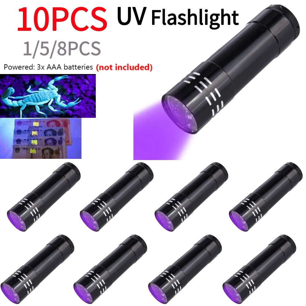 1/5/10PCS 9 LED UV Latarka UV Czarne światło Mini latarka UV 50LM 395nm Lampa detektora Przenośne narzędzia oświetleniowe do uprawiania turystyki pieszej