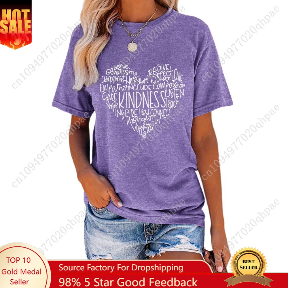 Anbech Heart Printed T-Shirt for Women Casual Graphic Junior Girls Short Sleeve Tee Tops with Crew Neck