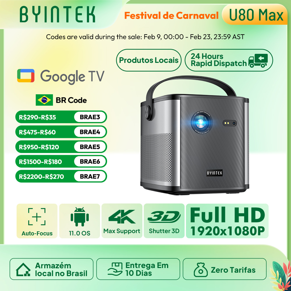 BYINTEK U80 Max Projector 3D 4K Cinema  Android 11.0 WiFi Mini Portable 1080P Home Theater Video DLP Projector with Battery