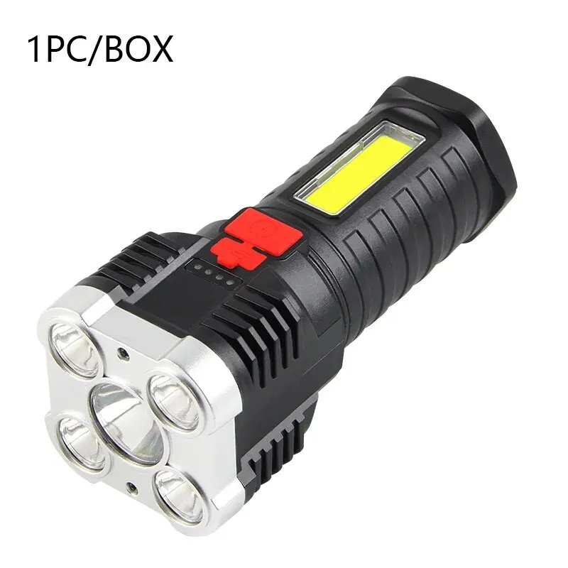 Lanterna recarregável de alta potência com luz lateral, 3 modos de iluminação, adequada para camping, atividades ao ar livre e aventuras.