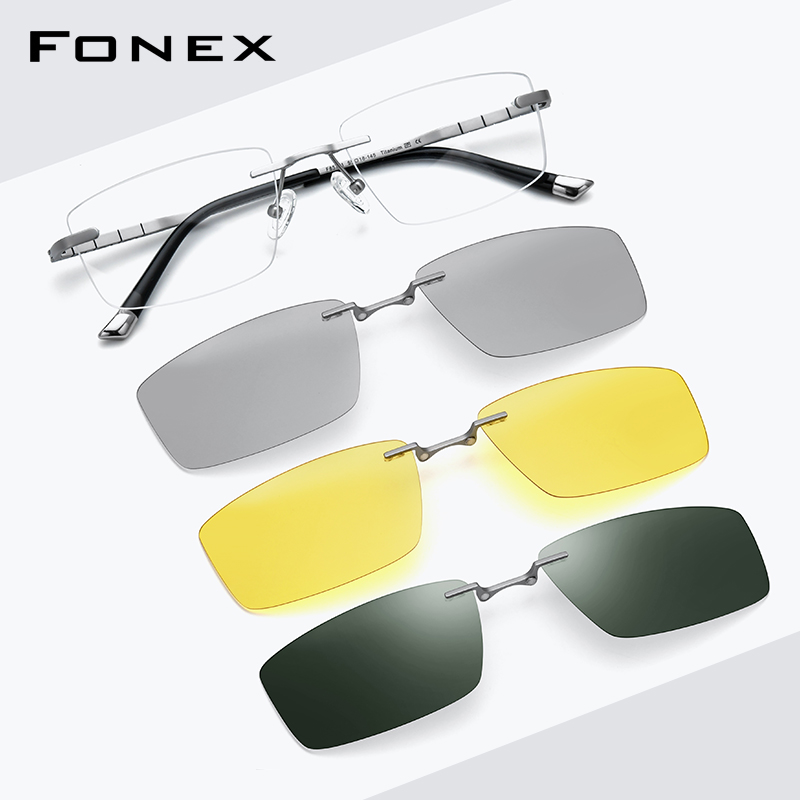 Armação de Óculos FONEX de Titânio Quadrada Masculina com Clipe Magnético para Óculos Sem Aro Lentes Polarizadas 3D de Visão Noturna Óculos Japoneses 85761