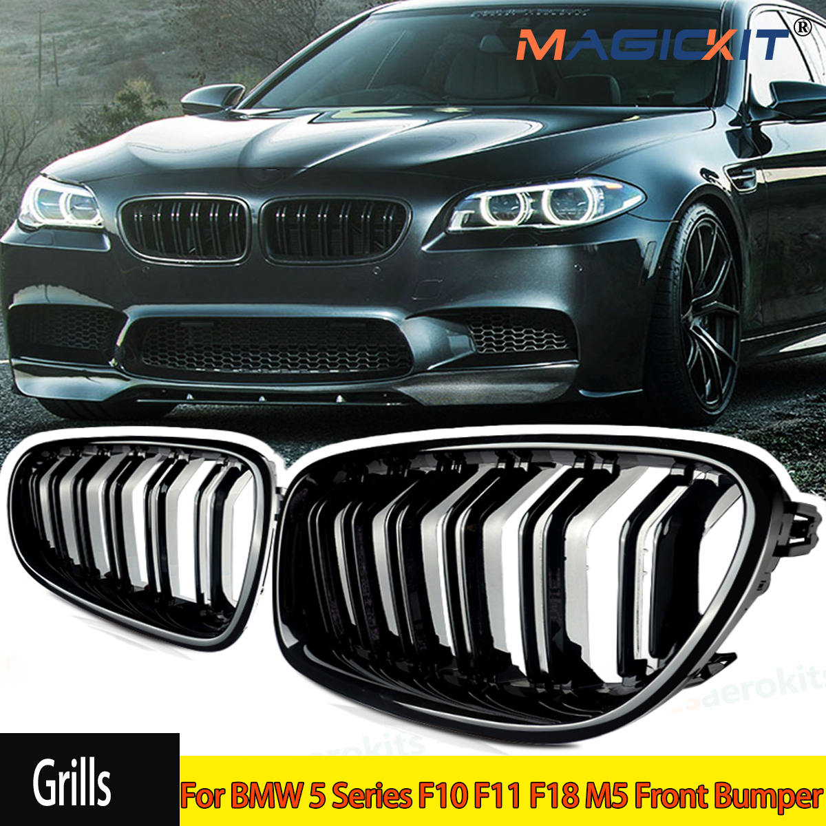 Negro brillante para BMW 5 Series F10 F11 F18 M5 parrillas de parachoques delantero doble 2010-2016 rejilla de riñón ancho 520d 530d 540i 528i 535i coche