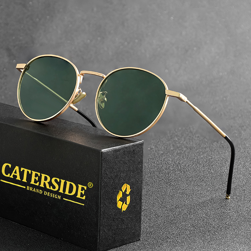CATERSIDE kacamata hitam polarisasi bulat Retro Pria Wanita, kacamata pelindung terik matahari Punk bingkai kecil logam untuk pesta berkendara luar ruangan UV400