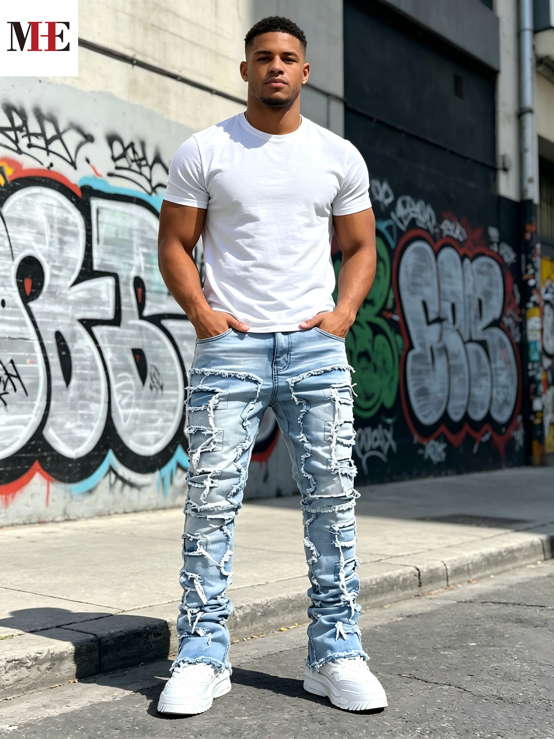 Calças Jeans Masculinas HME High Street, Jeans Flare Desfiados Azul Claro para Looks Modernos