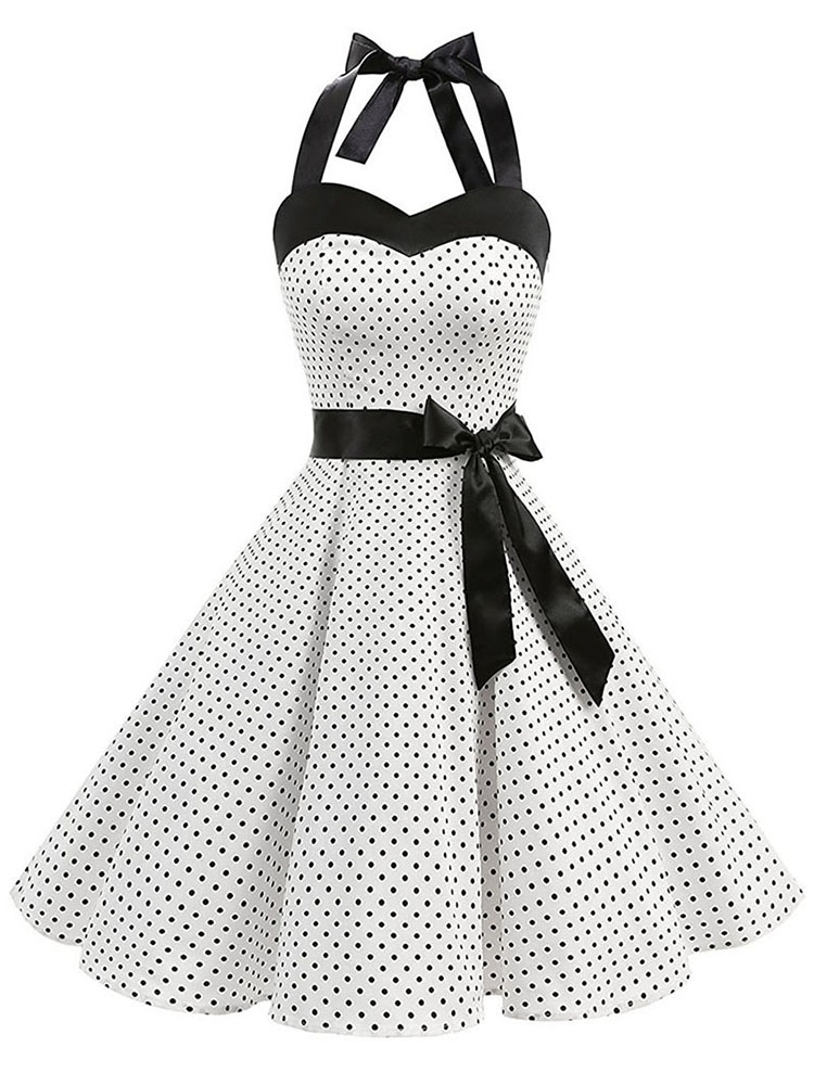 Mulheres polka dot print vestido de verão sexy retro branco halter vestido vintage robe femme pin up rockabilly vestido de festa