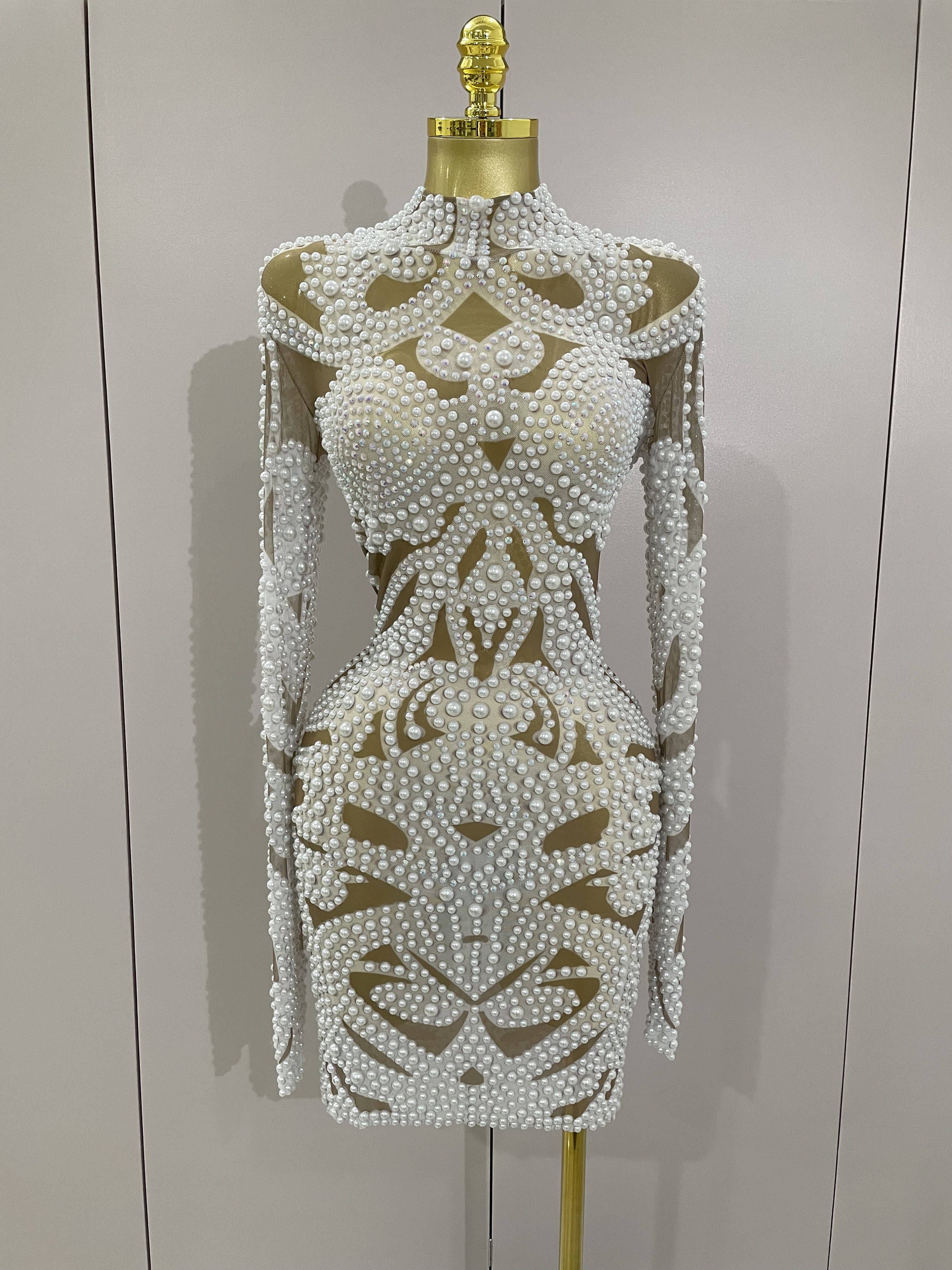 2025 New High-end Elegant Evening Gown AB Rhinestones Pearls Luxury Long Sleeves Mesh Dress Women Cocktail Party Wedding Costume