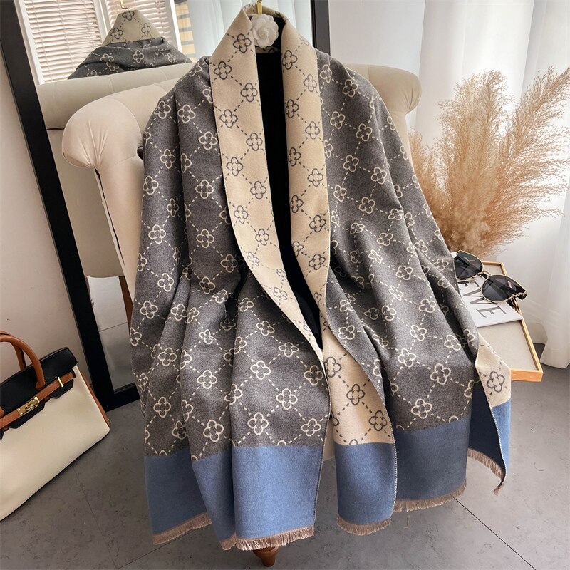 Grosso inverno poncho feminino cachecol de luxo floral quente xale e envoltório cashmere como pashmina blacnket design estolas bufanda echarpe