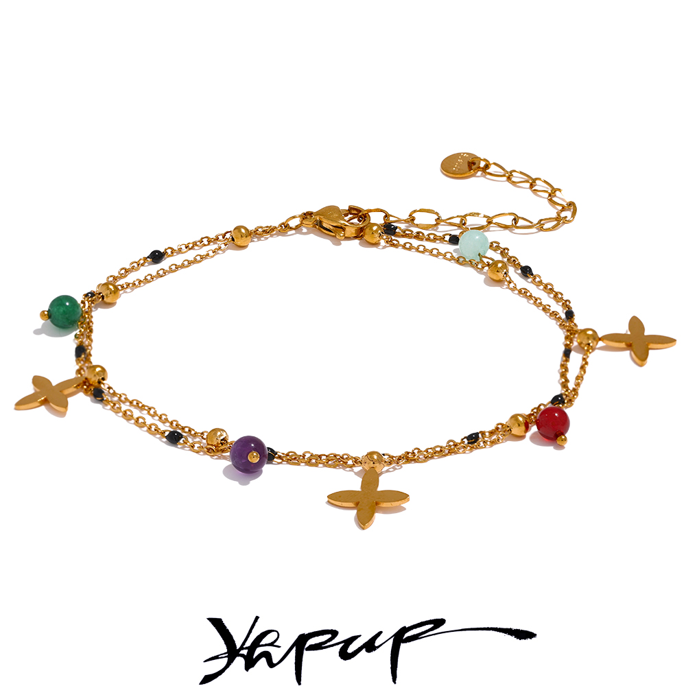 Tobillera de playa de acero inoxidable con cadena de flores y cuentas de piedra Natural coloridas Yhpup para mujer, joyería exquisita de verano, bisutería para mujer