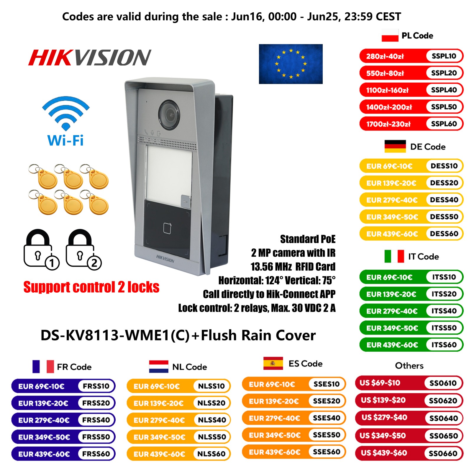 HIKVISION 1-przyciskowy DS-KV8113-WME1(C) Dzwonek IP do montażu podtynkowego, sterowanie 2 zamki, WiFi, domofon, wideodomofon, odblokowanie karty IC