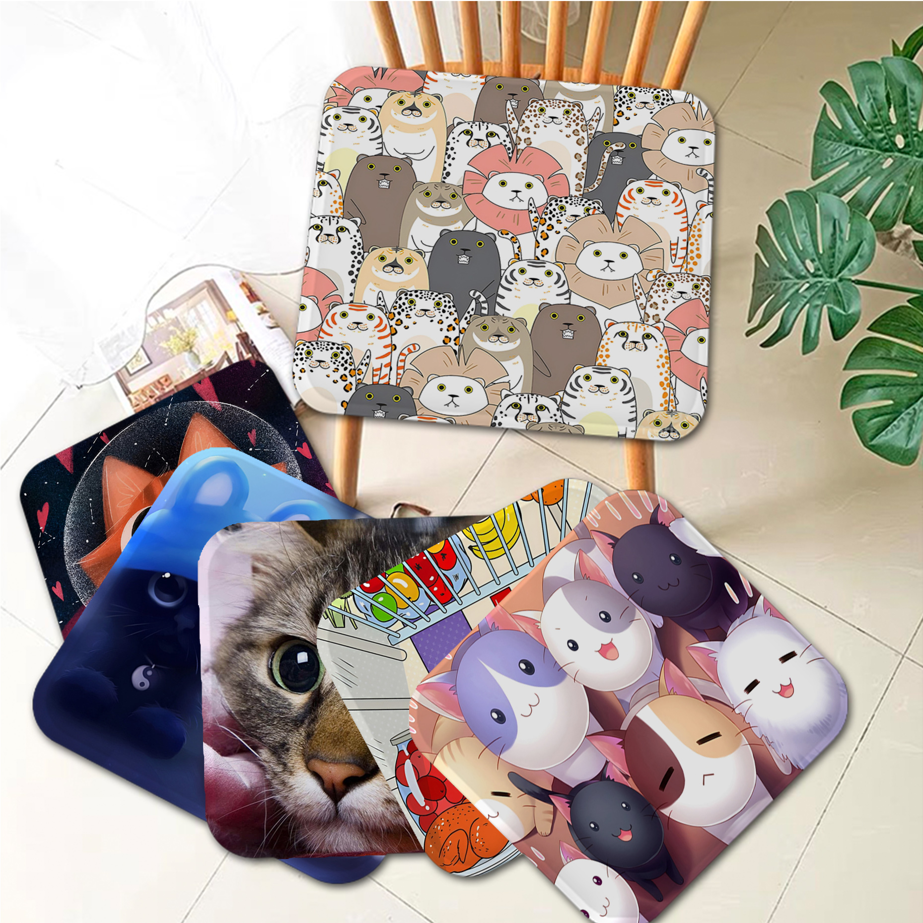 Schattige Cartoon Kat Eenvoud Meerkleurige Stoelkussen Zacht Kantoor Autostoel Comfort Ademend 45X45Cm Stoelkussens