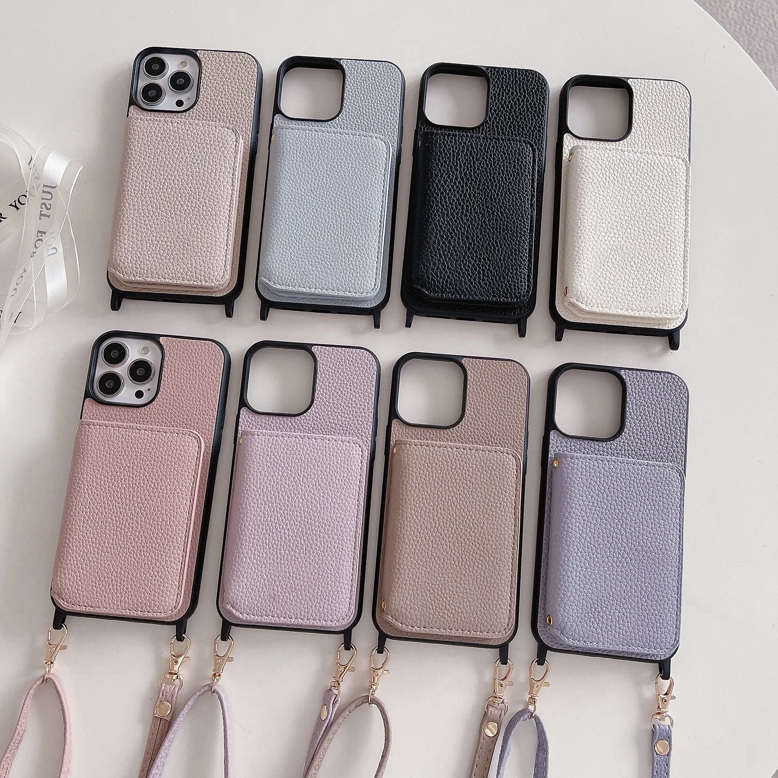 Custodia Solt per carte a portafoglio in pelle a tracolla per iPhone 16 Pro Max 15 Plus 14 13 12 11 Borsa con cordino lungo Tasca con motivo Lichee