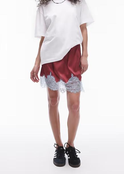Saia de cetim com acabamento em renda rosa vermelha feminina saia curta elegante com cintura elástica e laço ideal para festas e roupas casuais