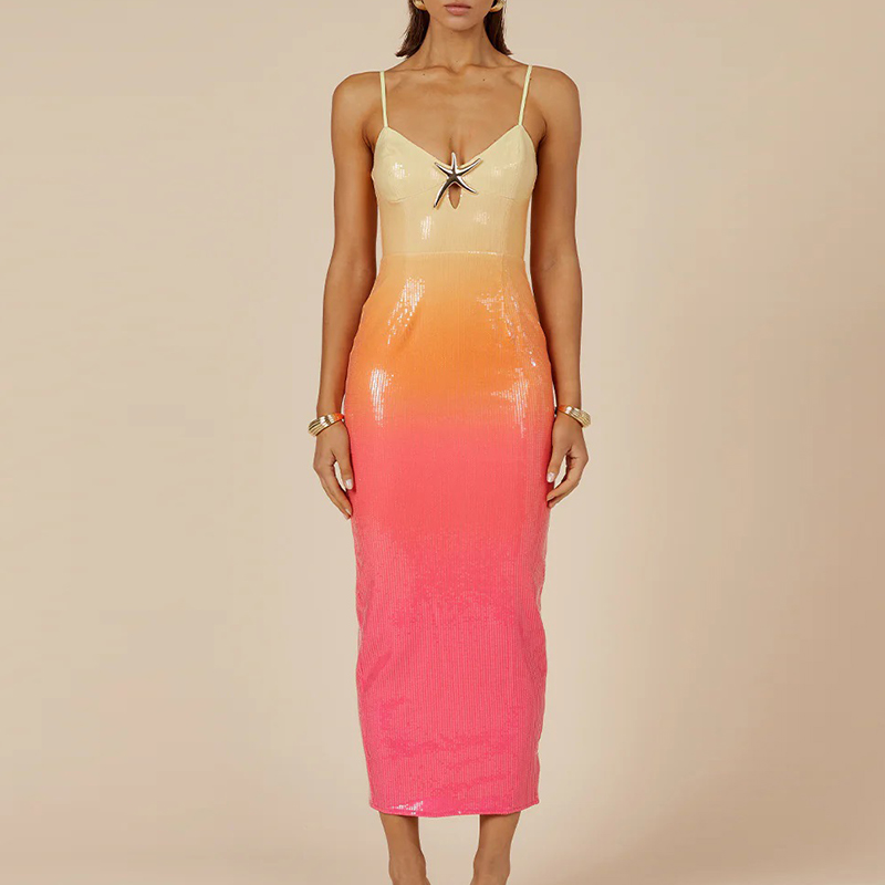 ผู้หญิงเซ็กซี่ V คอปลาดาวชุดกระโปรงฤดูร้อนแฟชั่นเลื่อม Slim แยกชุดยาว Elegant Gradient แขนกุดชุด