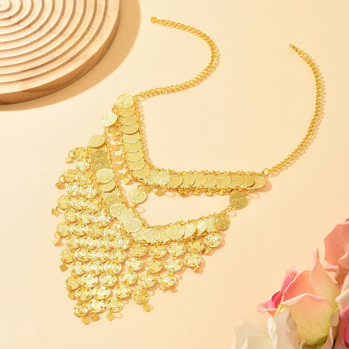 Middle Eastern Gold Coin Tassel Face Veil, Multi-Layer Belly Dance Accessory, Sparkling Pendant For Dynamic Stage Styling