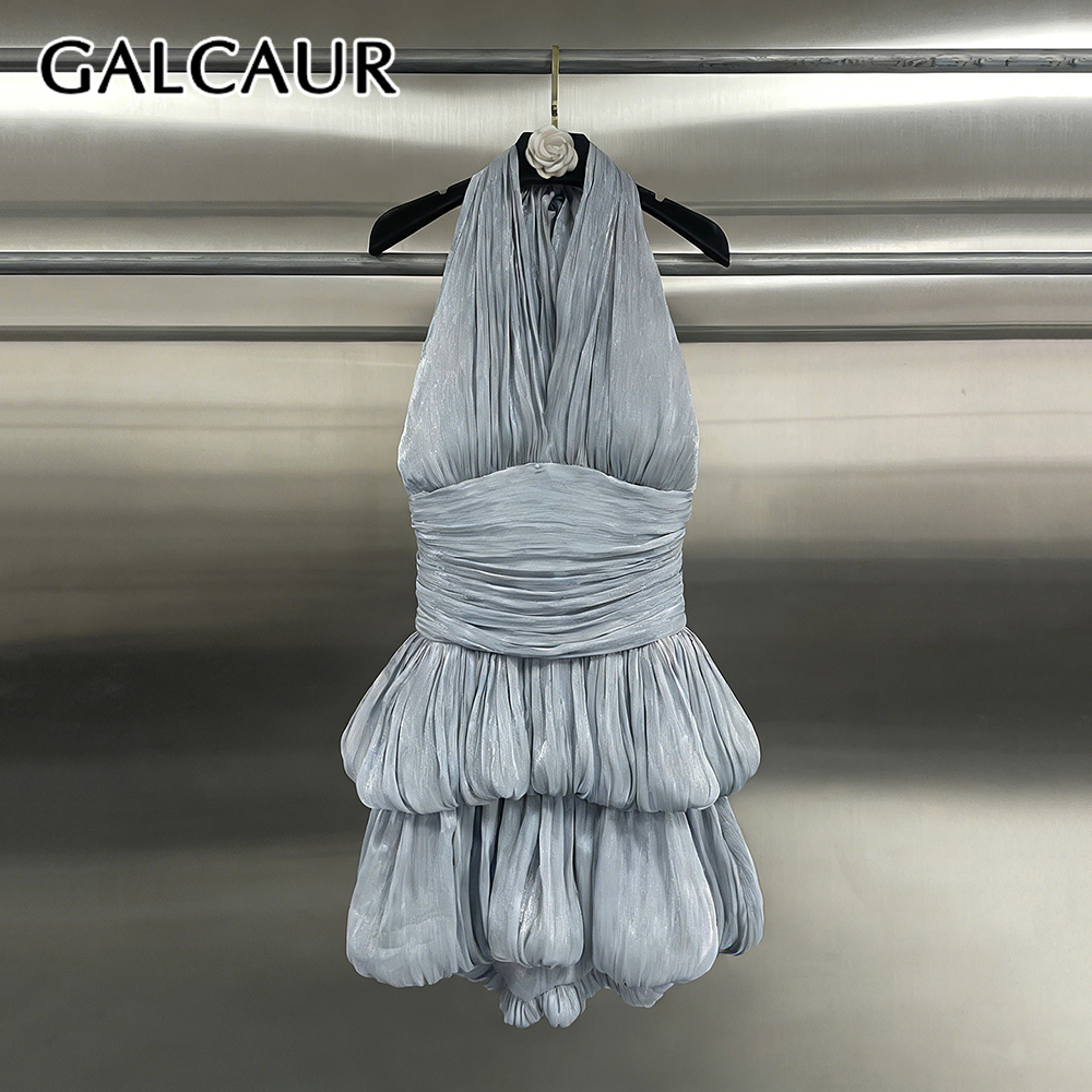 Vestido GALCAUR Sólido Entallado con Cremallera y Espalda Descubierta para Mujer, Cuello Halter, Sin Mangas, con Volantes y Pliegues, Nuevo