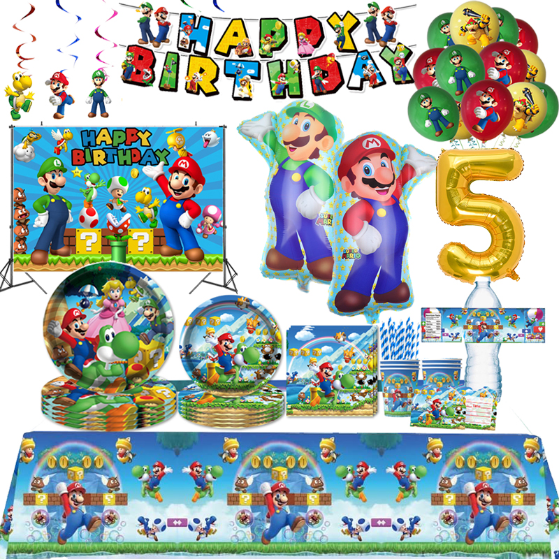 Nueva decoración de cumpleaños de Mario, suministros de fiesta de dibujos animados de Super Bros, vajilla desechable para niños, pegatinas, platos, globos
