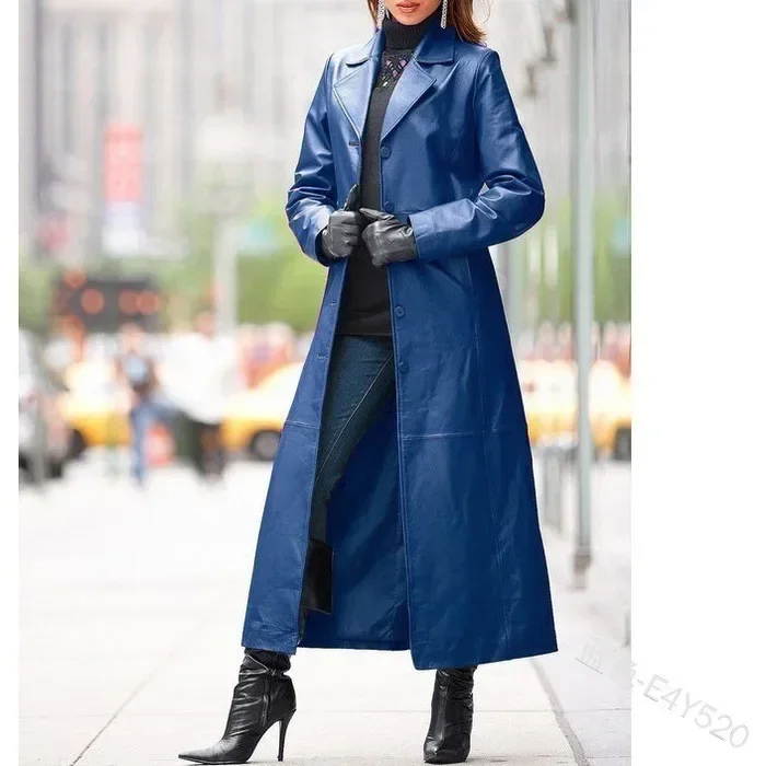 Novo outono inverno roupas femininas botão casaco de couro longo corte fino ajuste emagrecimento casaco de vento de couro do plutônio