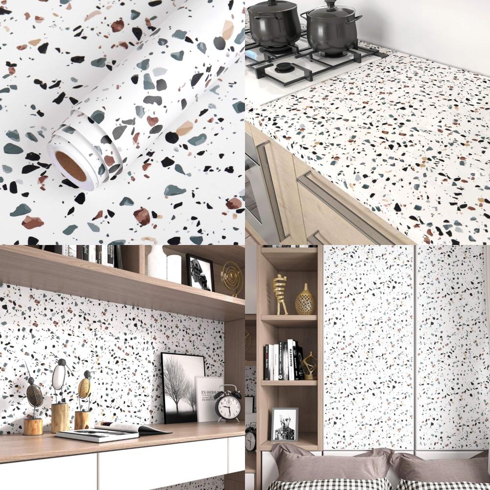 Large 160x36 Inch Terrazzo Matte White Granite Backsplash and Countertop Contact Paper Peel and Stick
