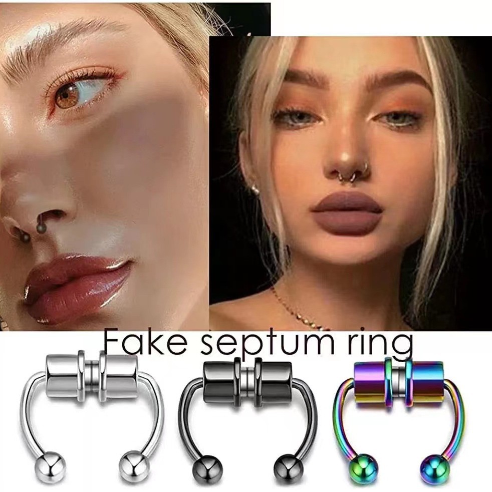 Cincin Hidung Palsu Wanita, Septum Piercing, Jepitan Hidung, Gaya Rock HipHoop, Baja Anti Karat Magnet, Perhiasan Tubuh Fashion, Grosir