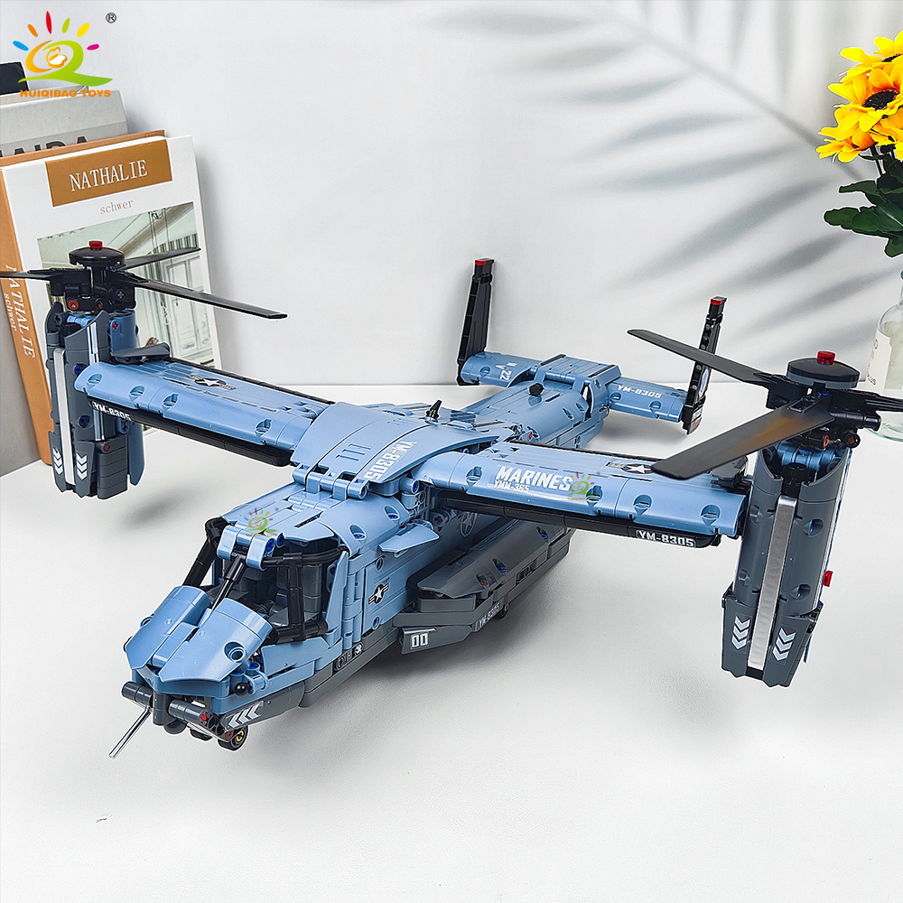 HUIQIBAO MOC 1389 шт. V-22 наклонный самолет, вертолет, строительный блок, детская модель военного самолета, кирпичи, игрушечный домашний декор.