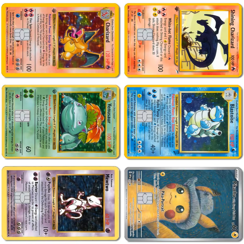 Stiker Matte HD PVC Kartun Pokemon Film Kawaii Pikachu Blastoise Venusaur Kartu Debit Chip Kecil Kulit Stiker Dekoratif Depan