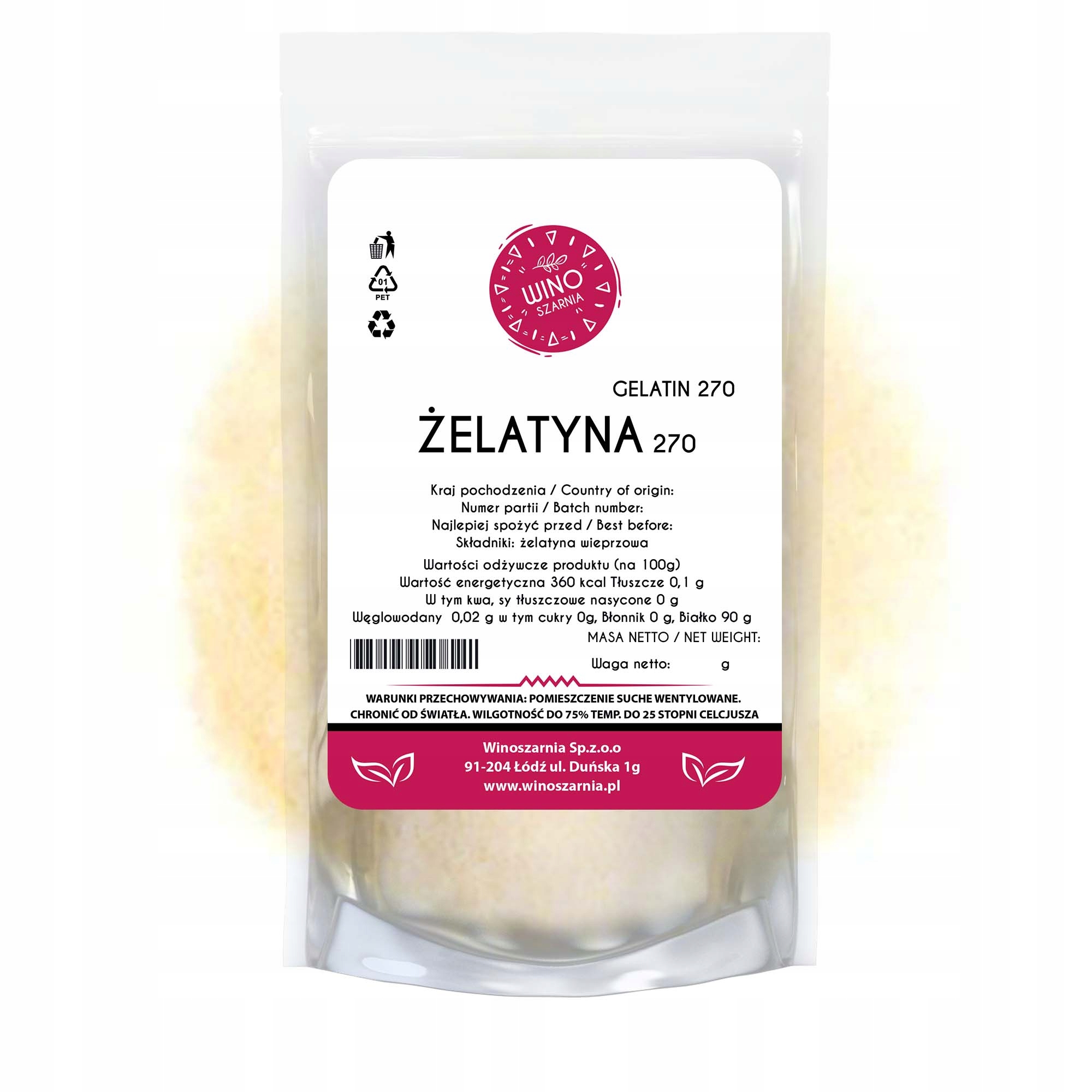 Żelatyna spożywcza wieprzowa 270 BLOOM 1kg Naturalna bardzo mocna