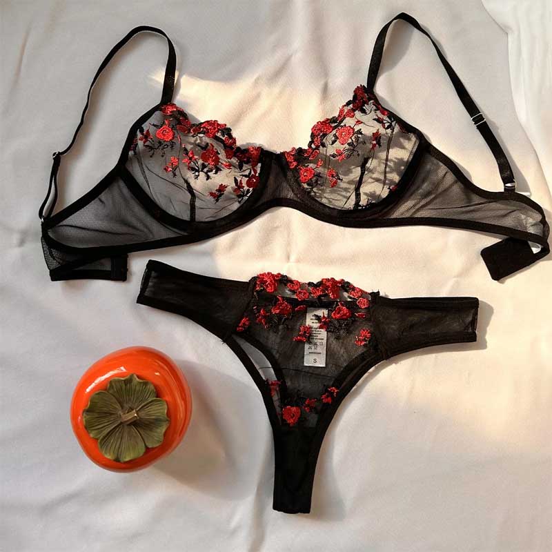 Ensemble érotique en dentelle fantaisie pour femme, 2 pièces, sous-vêtements transparents pour femmes, broderie érotique, beaux ensembles soutien-gorge et culotte