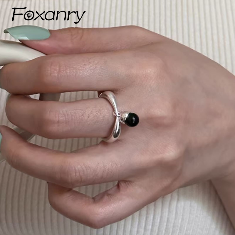 Foxanry Minimalistische Zilveren Kleur Ringen Partij Sieraden voor Vrouwen Koreaanse Leuke Creatieve Ontwerp Zwarte Hanger Verjaardag Accessoires