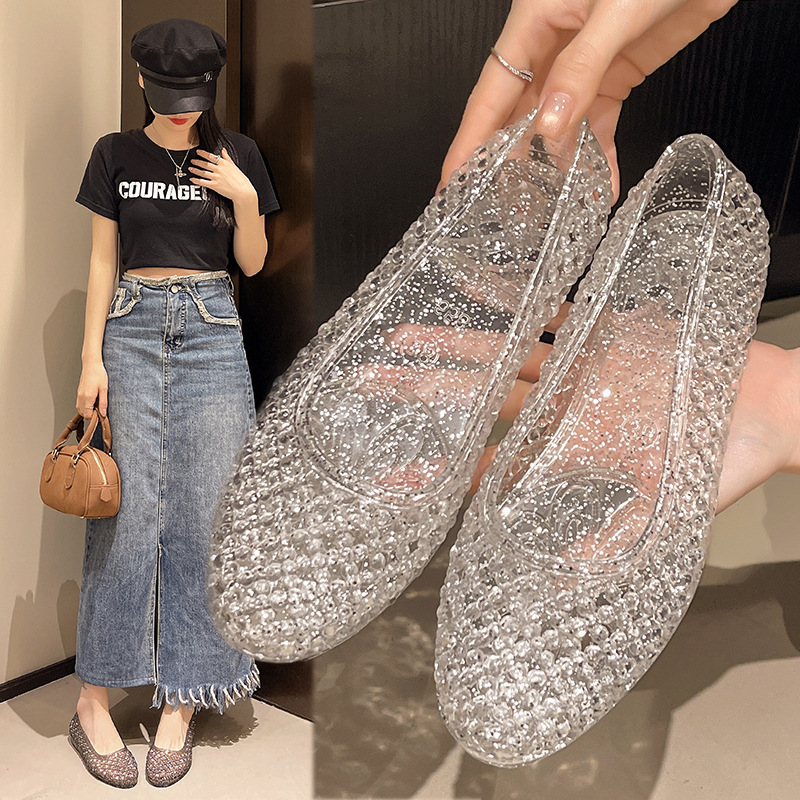 Sandalias de verano para mujer, con diseño hueco, de gelatina con cristales, planas, para playa, para el hogar, para baño, informales, para exteriores