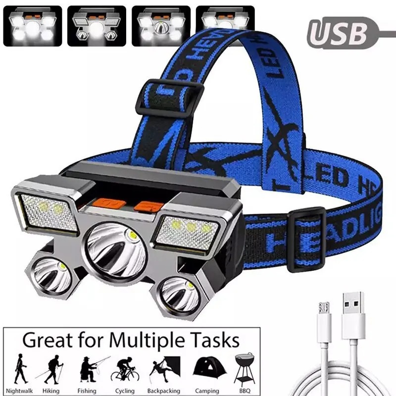 Linterna frontal de 5 LED recargable con batería integrada 18650, Luz fuerte para acampar, aventura, pesca