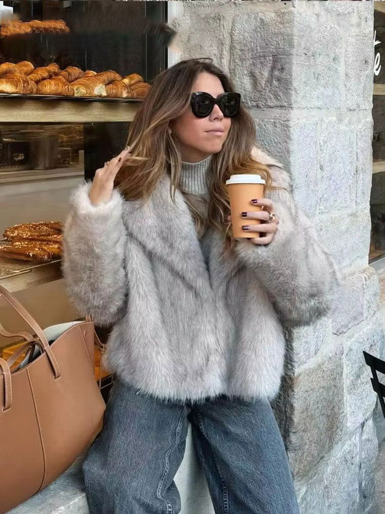 HH-abrigo elegante de piel sintética para mujer, chaqueta holgada y esponjosa de manga larga con solapa, moda de otoño e invierno, prendas de vestir exteriores para mujer de calle alta